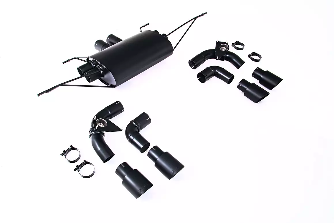 Upgraded Option for Rear Silencer, Valved Outlet and Inner Outlet pipes in Cerakote Satin Black with Clamp Kit - 130 5.0 V8 500PS (NAS Non-OPF/GPF Vehicles Only)